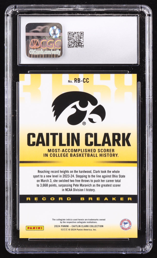 Caitlin Clark 2024 Panini Caitlin Clark Collection Record Breaker #RBCC RC (CGC 10) at PristineAuction.com Caitlin Clark 2024 Panini Caitlin Clark Collection Record Breaker #RBCC RC (CGC 10) at PristineAuction.com