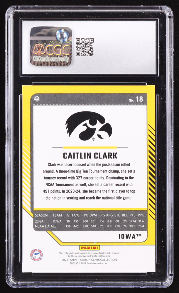 Caitlin Clark 2024 Panini Caitlin Clark Collection Donruss #18 RC (CGC 10) at PristineAuction.com Caitlin Clark 2024 Panini Caitlin Clark Collection Donruss #18 RC (CGC 10) at PristineAuction.com