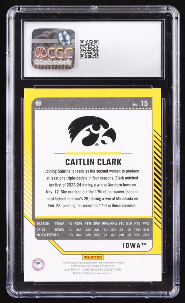 Caitlin Clark 2024 Panini Caitlin Clark Collection Donruss #15 RC (CGC 10) at PristineAuction.com Caitlin Clark 2024 Panini Caitlin Clark Collection Donruss #15 RC (CGC 10) at PristineAuction.com
