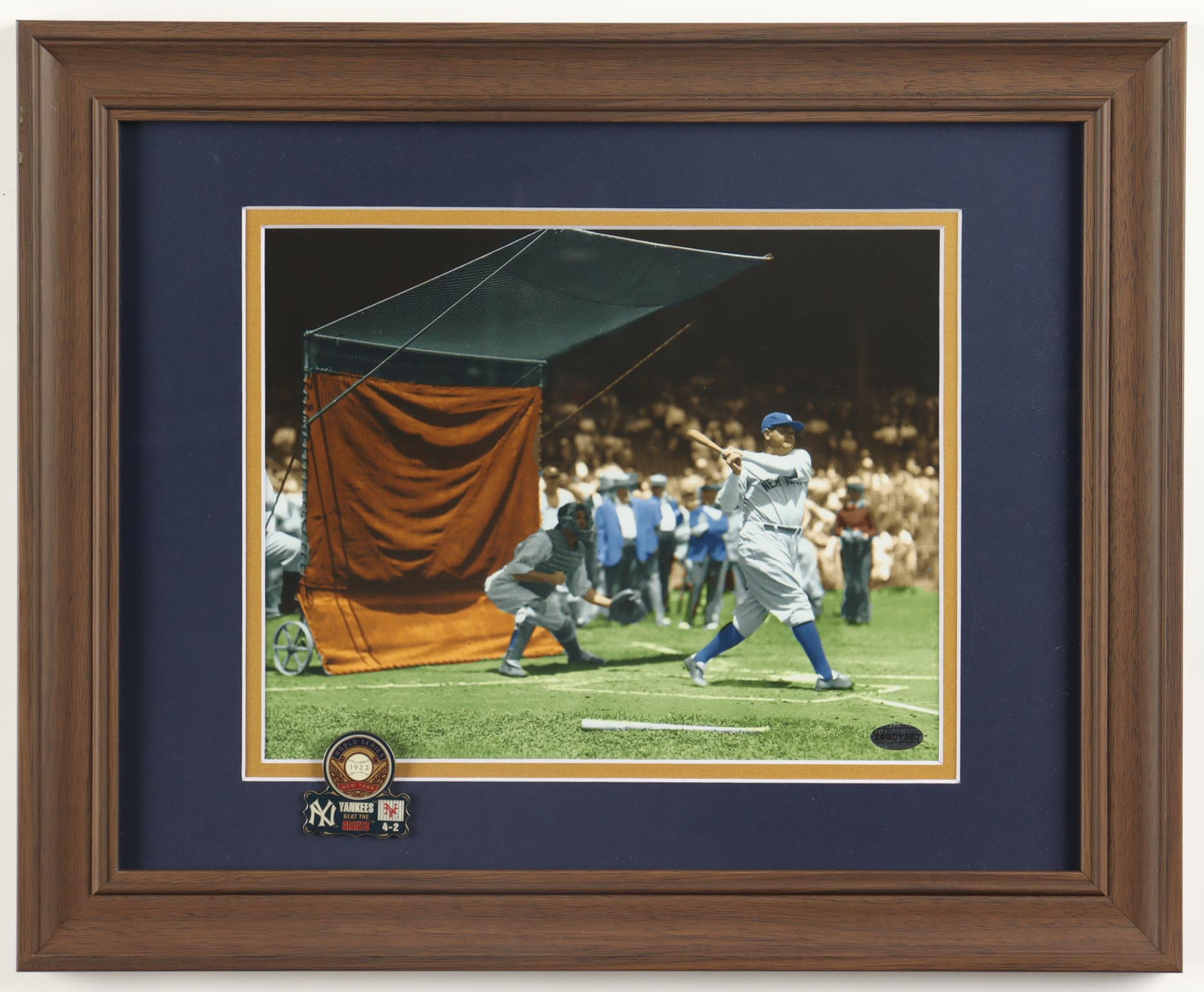 Babe Ruth Yankees Custom Framed Photo Display with Official 1923 World Series Pin at PristineAuction.com Babe Ruth Yankees Custom Framed Photo Display with Official 1923 World Series Pin at PristineAuction.com
