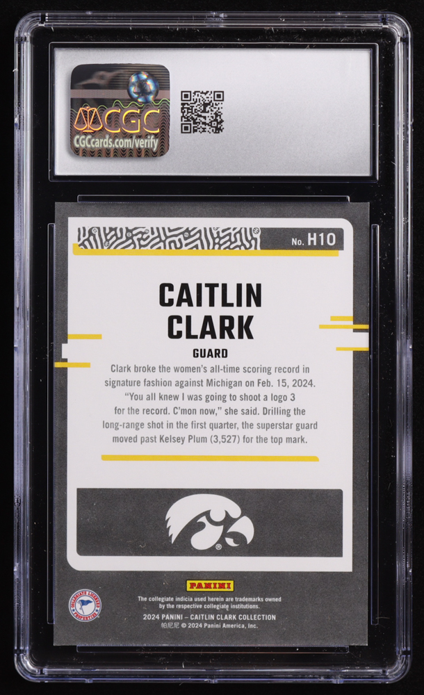 Caitlin Clark 2024 Panini Caitlin Clark Collection Donruss Highlights #H10 RC (CGC 10) at PristineAuction.com Caitlin Clark 2024 Panini Caitlin Clark Collection Donruss Highlights #H10 RC (CGC 10) at PristineAuction.com