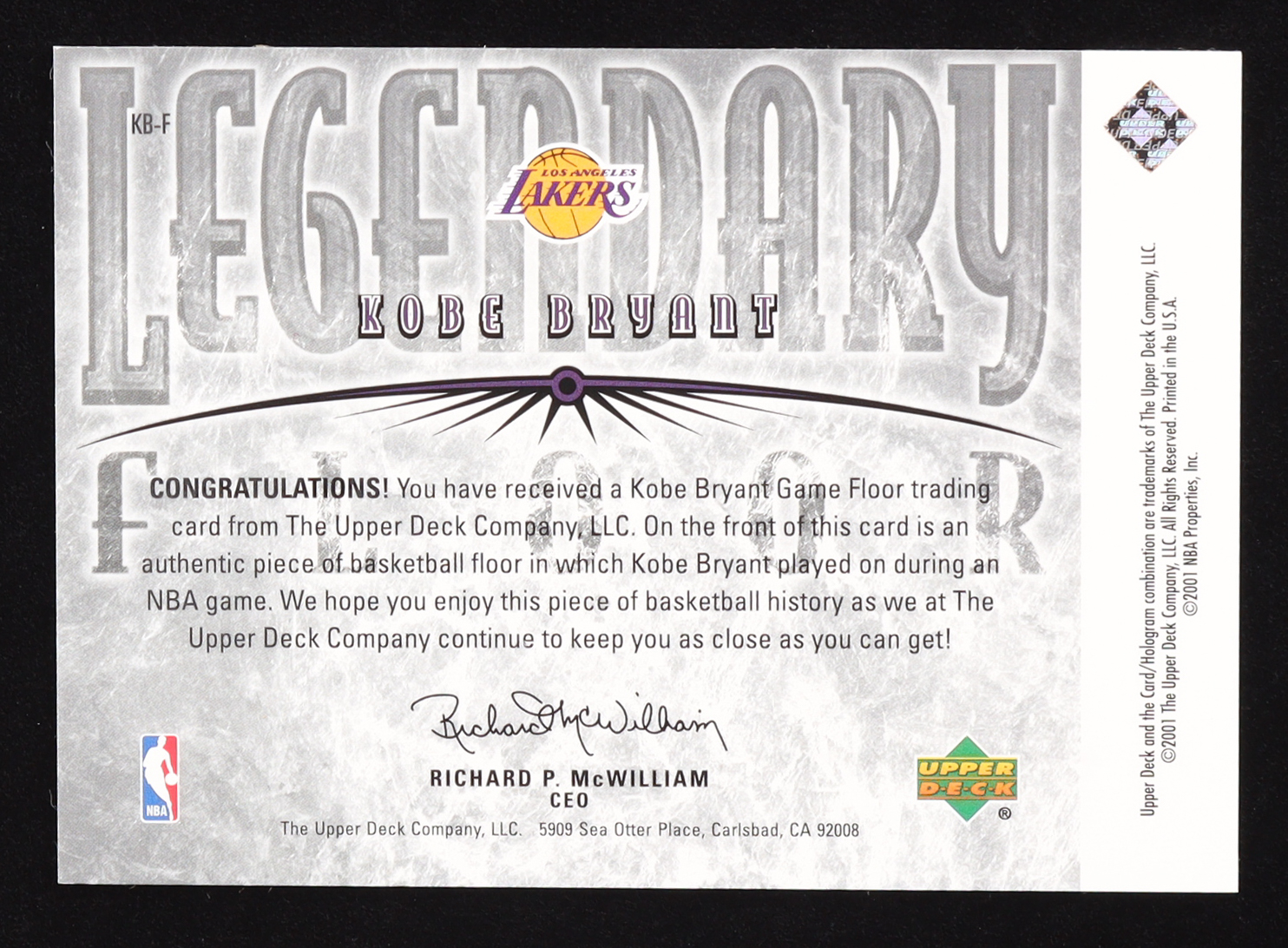 Kobe Bryant 2001-02 Upper Deck Legends Legendary Floor #KBF at PristineAuction.com Kobe Bryant 2001-02 Upper Deck Legends Legendary Floor #KBF at PristineAuction.com