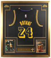 Kobe Bryant Custom Framed Jersey Display with 2000 NBA Finals Champions Pin & (2) Team Logo Patches at PristineAuction.com