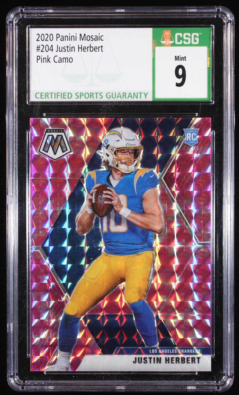 Justin Herbert 2020 Panini Mosaic Mosaic Camo Pink #204 RC (CSG 9) at PristineAuction.com Justin Herbert 2020 Panini Mosaic Mosaic Camo Pink #204 RC (CSG 9) at PristineAuction.com