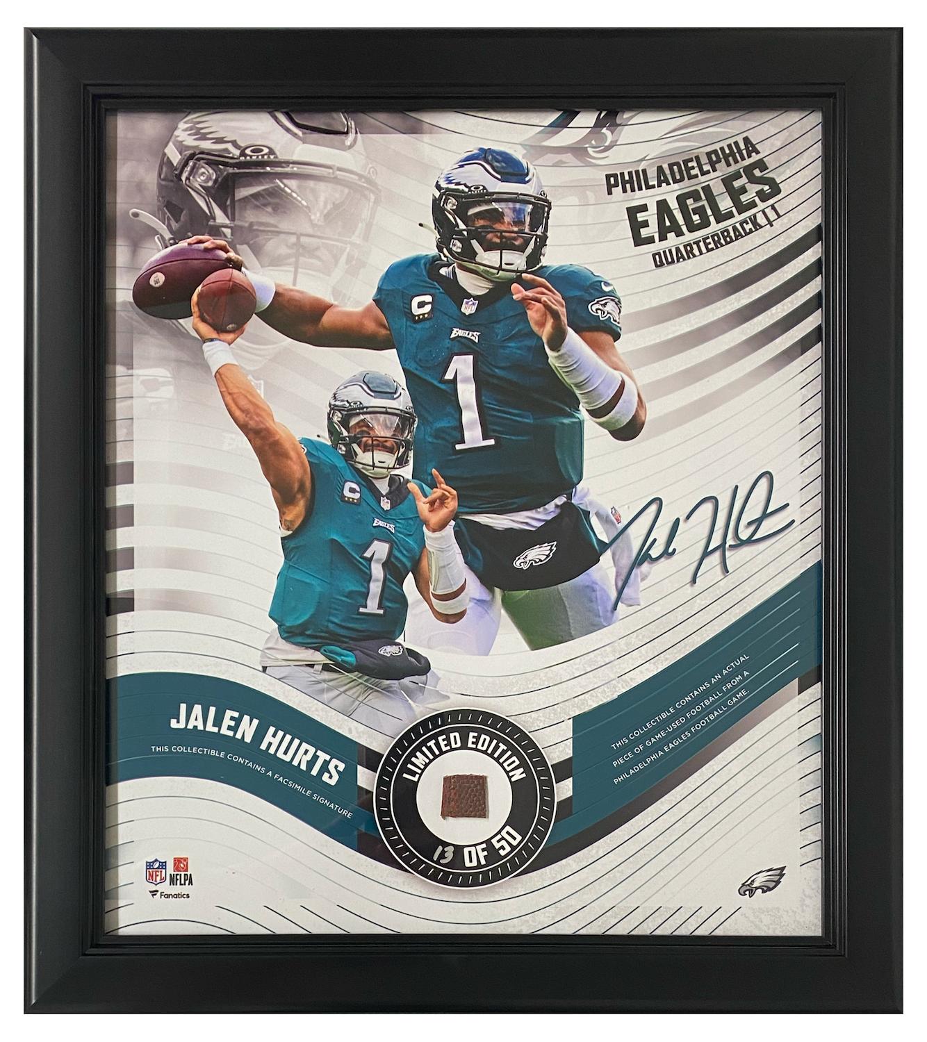 Jalen Hurts Eagles LE Custom Framed Game-Used Football Display (Fanatics) at PristineAuction.com Jalen Hurts Eagles LE Custom Framed Game-Used Football Display (Fanatics) at PristineAuction.com