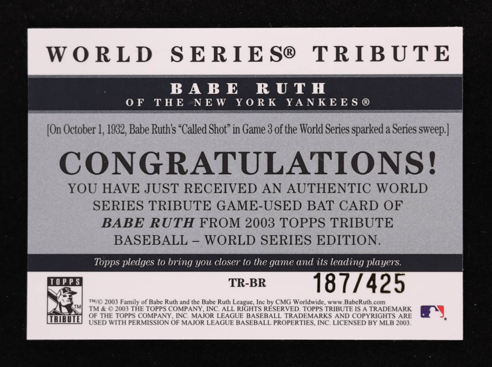 Babe Ruth 2003 Topps Tribute World Series Tribute Relics #BR Bat B #187/425 at PristineAuction.com Babe Ruth 2003 Topps Tribute World Series Tribute Relics #BR Bat B #187/425 at PristineAuction.com