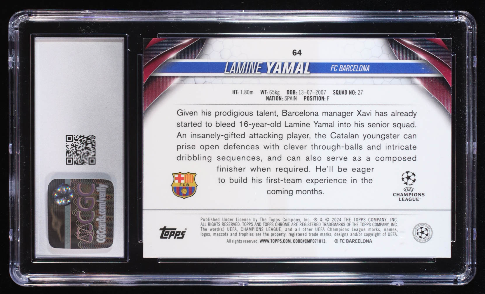 Lamine Yamal 2023-24 Topps Chrome UEFA CC #64 (CGC 10) at PristineAuction.com Lamine Yamal 2023-24 Topps Chrome UEFA CC #64 (CGC 10) at PristineAuction.com