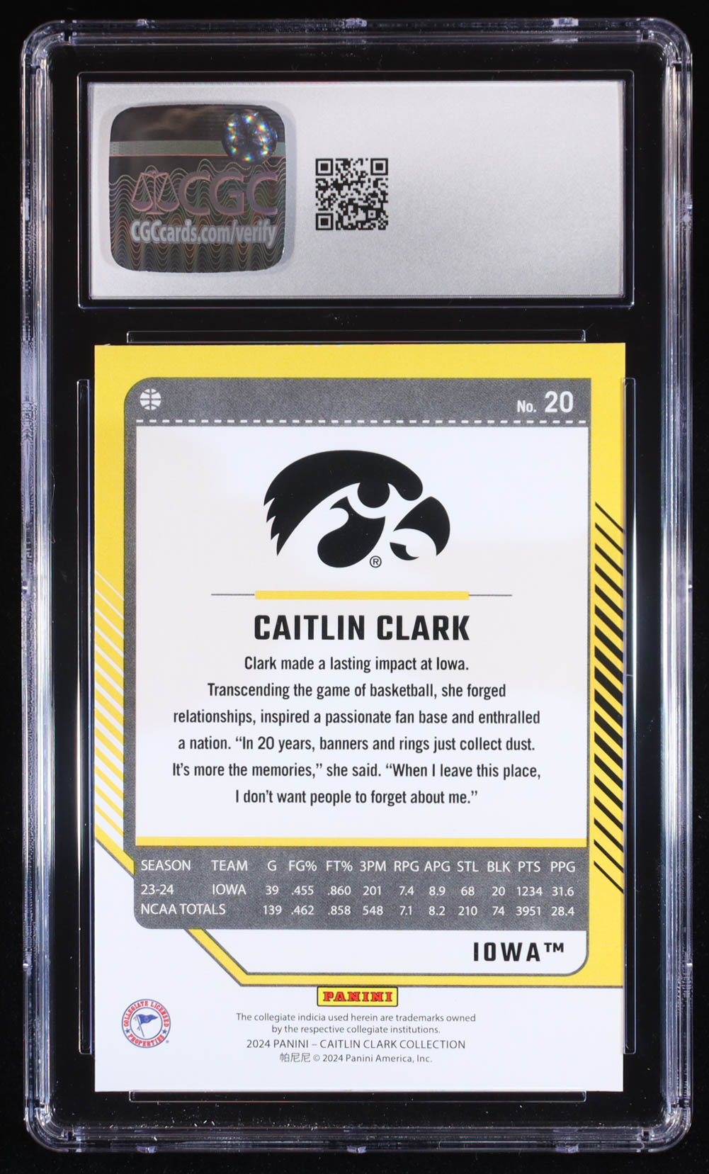 Caitlin Clark 2024 Panini Caitlin Clark Collection Donruss #20 RC (CGC 10) at PristineAuction.com Caitlin Clark 2024 Panini Caitlin Clark Collection Donruss #20 RC (CGC 10) at PristineAuction.com