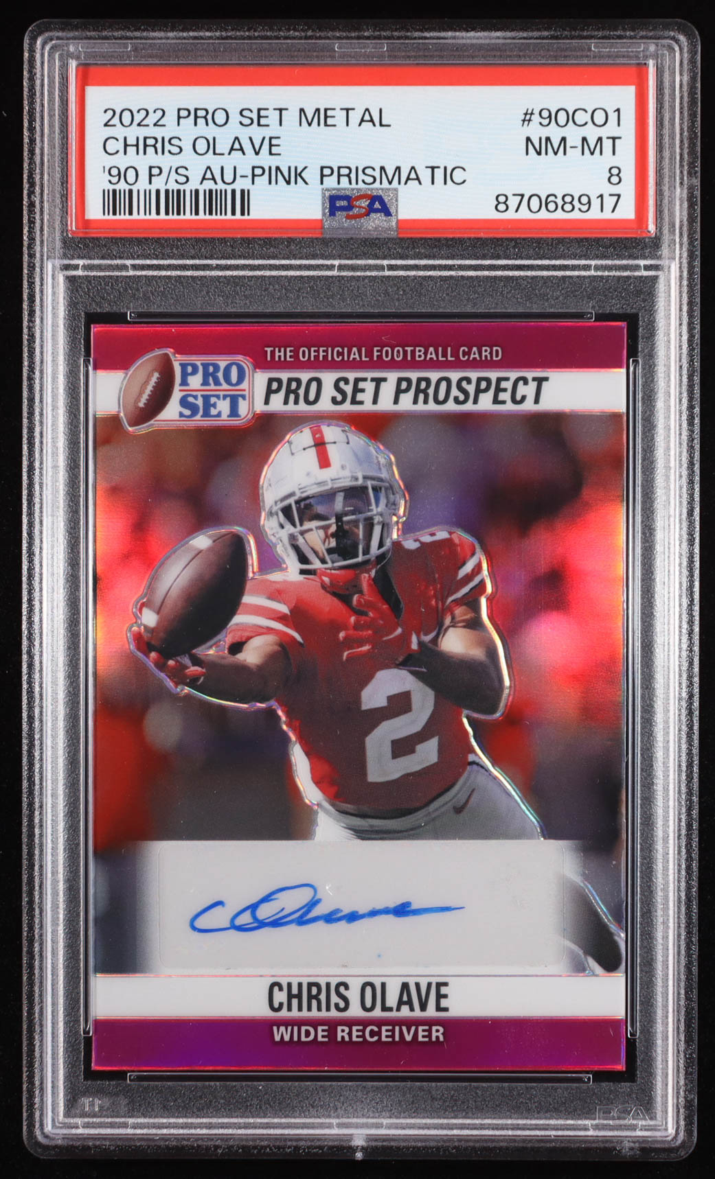 Chris Olave 2022 Leaf Pro Set Metal '90 Pro Set Prismatic Pink #90CO1 EXCH RC #18/25 (PSA 8) at PristineAuction.com Chris Olave 2022 Leaf Pro Set Metal '90 Pro Set Prismatic Pink #90CO1 EXCH RC #18/25 (PSA 8) at PristineAuction.com