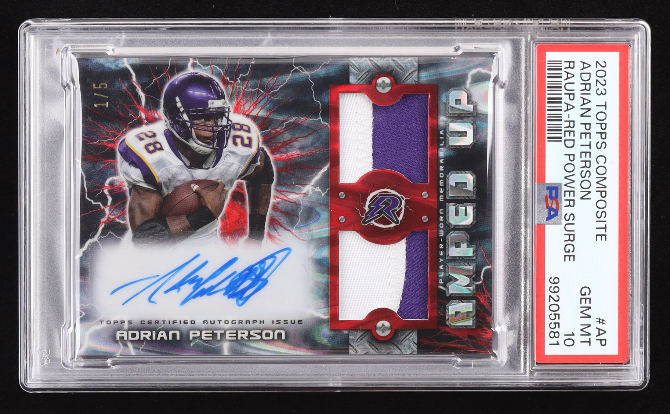 Adrian Peterson 2023 Topps Composite Resurgence Amped Up Patch Autographs Red Power Surge #RAUPAAP #1/5 (PSA 10) at PristineAuction.com Adrian Peterson 2023 Topps Composite Resurgence Amped Up Patch Autographs Red Power Surge #RAUPAAP #1/5 (PSA 10) at PristineAuction.com