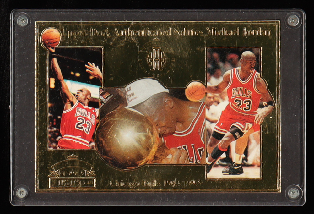 Michael Jordan 1998-99 Upper Deck Authenticated Salutes 22KT Gold Jumbo Card #NNO at PristineAuction.com Michael Jordan 1998-99 Upper Deck Authenticated Salutes 22KT Gold Jumbo Card #NNO at PristineAuction.com