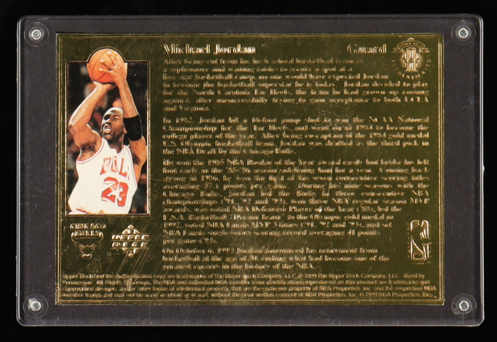 Michael Jordan 1998-99 Upper Deck Authenticated Salutes 22KT Gold Jumbo Card #NNO at PristineAuction.com Michael Jordan 1998-99 Upper Deck Authenticated Salutes 22KT Gold Jumbo Card #NNO at PristineAuction.com