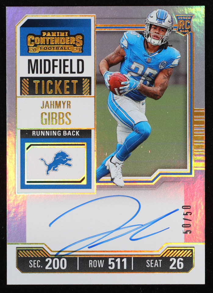 Jahmyr Gibbs Signed 2023 Panini Contenders Midfield Ticket #112 #50/50 RC at PristineAuction.com Jahmyr Gibbs Signed 2023 Panini Contenders Midfield Ticket #112 #50/50 RC at PristineAuction.com