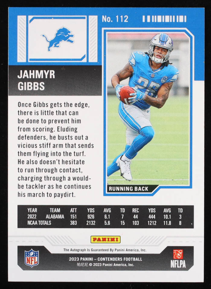 Jahmyr Gibbs Signed 2023 Panini Contenders Midfield Ticket #112 #50/50 RC at PristineAuction.com Jahmyr Gibbs Signed 2023 Panini Contenders Midfield Ticket #112 #50/50 RC at PristineAuction.com