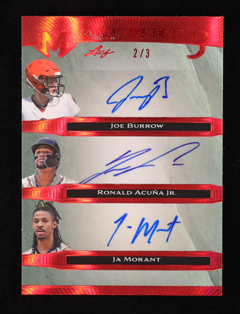 Joe Burrow / Ronald Acuna Jr. / Ja Morant 2023 Leaf Magnificence Triple Autographs Red #M32 #2/3 at PristineAuction.com Joe Burrow / Ronald Acuna Jr. / Ja Morant 2023 Leaf Magnificence Triple Autographs Red #M32 #2/3 at PristineAuction.com