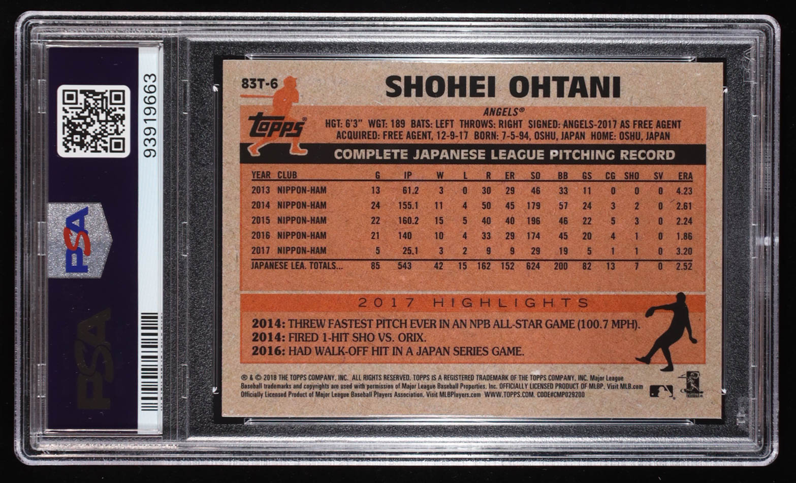 Shohei Ohtani 2018 Topps Chrome '83 Topps Refractors #83T6 RC (PSA 8) at PristineAuction.com Shohei Ohtani 2018 Topps Chrome '83 Topps Refractors #83T6 RC (PSA 8) at PristineAuction.com