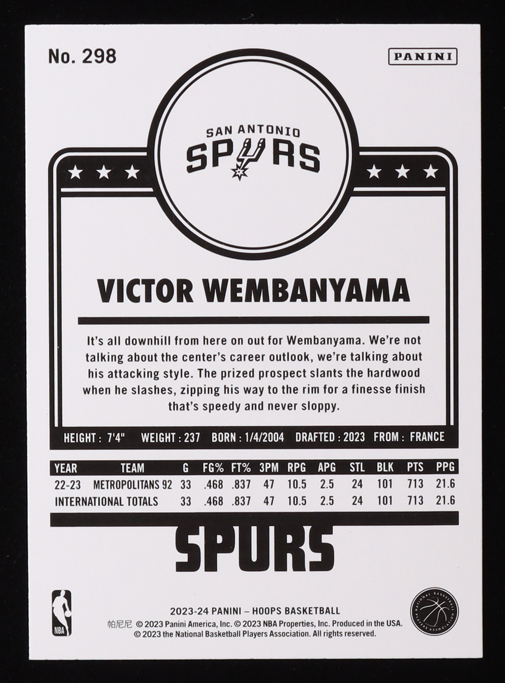 Victor Wembanyama 2023-24 Hoops #298 RC at PristineAuction.com Victor Wembanyama 2023-24 Hoops #298 RC at PristineAuction.com