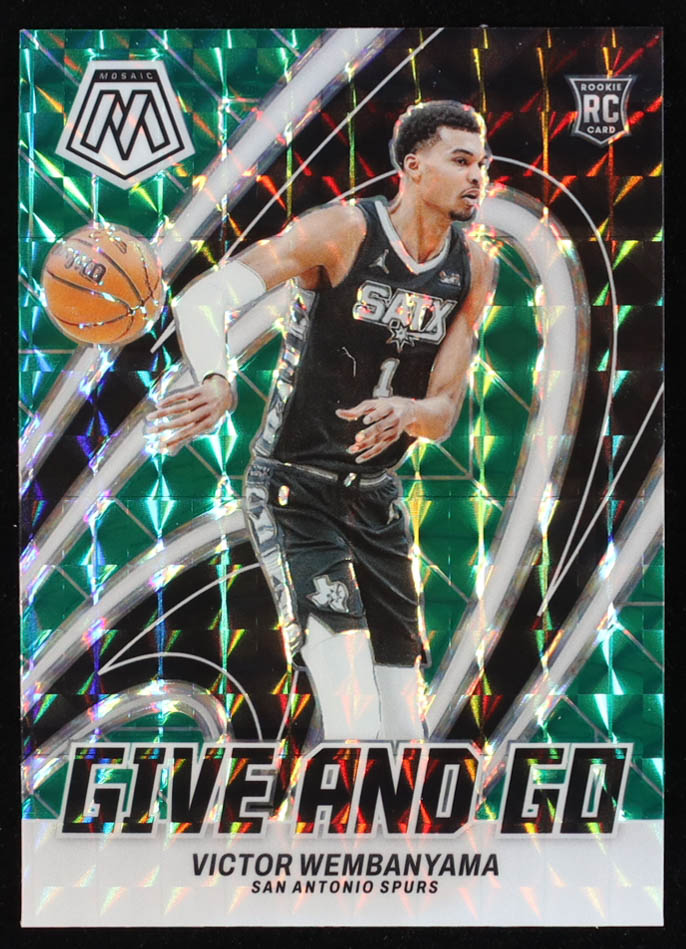 Victor Wembanyama 2023-24 Panini Mosaic Give and Go Mosaic Green #12 RC at PristineAuction.com Victor Wembanyama 2023-24 Panini Mosaic Give and Go Mosaic Green #12 RC at PristineAuction.com