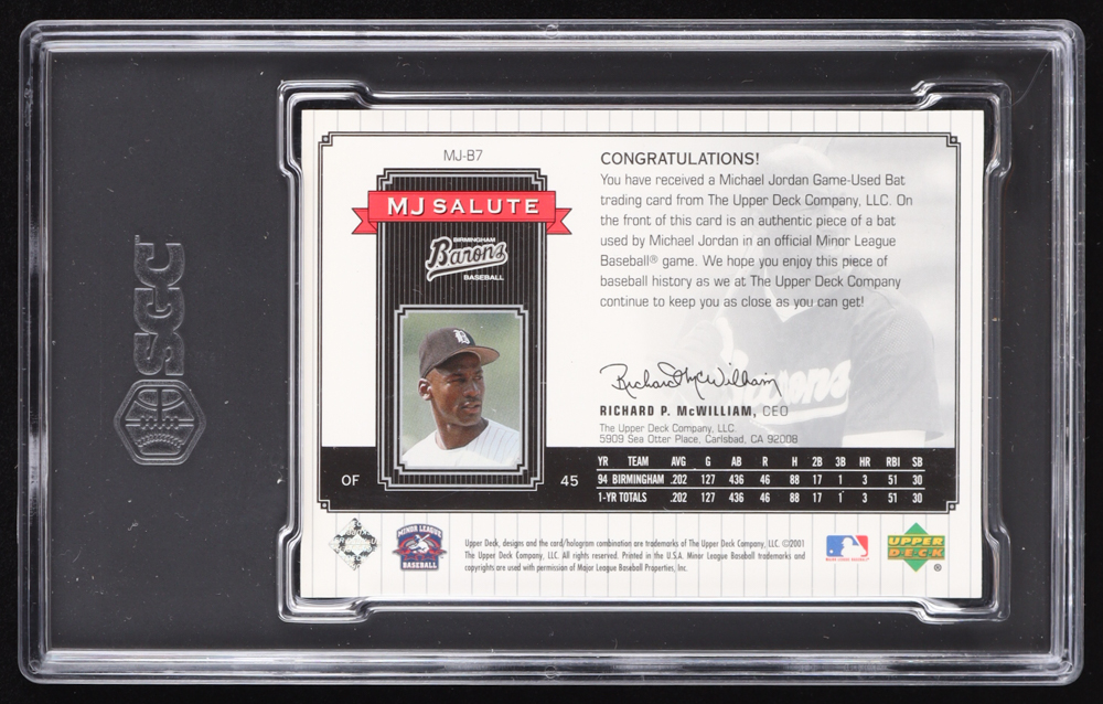 Michael Jordan 2001 Upper Deck Minors Centennial MJ Game Bat #MJB7 (SGC 10) at PristineAuction.com Michael Jordan 2001 Upper Deck Minors Centennial MJ Game Bat #MJB7 (SGC 10) at PristineAuction.com