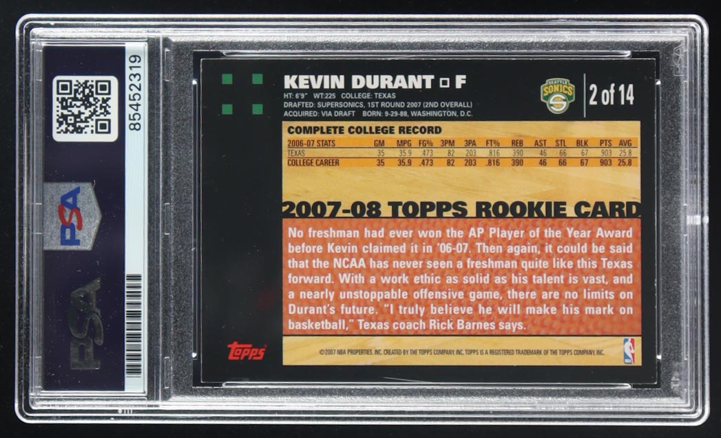 Kevin Durant Signed 2007-08 Topps Rookie Set #2 RC (PSA Authentic) at PristineAuction.com Kevin Durant Signed 2007-08 Topps Rookie Set #2 RC (PSA Authentic) at PristineAuction.com