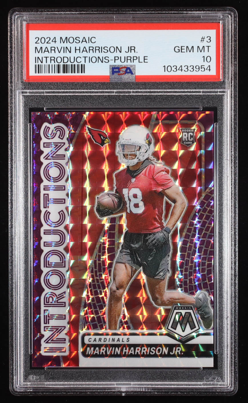 Marvin Harrison Jr. 2024 Panini Mosaic Introductions Mosaic Purple #3 #33/49 RC (PSA 10) at PristineAuction.com Marvin Harrison Jr. 2024 Panini Mosaic Introductions Mosaic Purple #3 #33/49 RC (PSA 10) at PristineAuction.com
