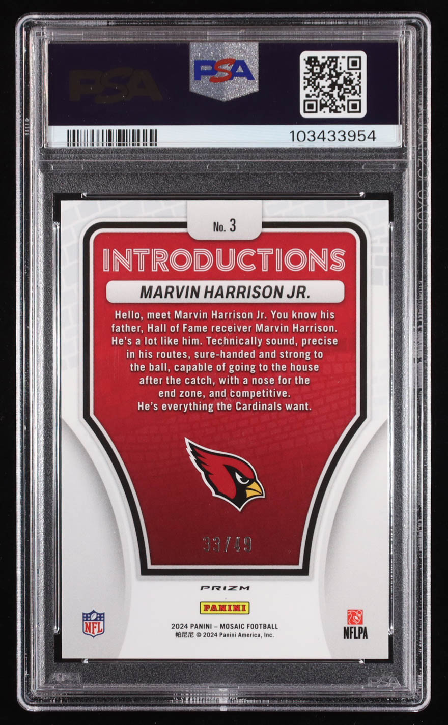 Marvin Harrison Jr. 2024 Panini Mosaic Introductions Mosaic Purple #3 #33/49 RC (PSA 10) at PristineAuction.com Marvin Harrison Jr. 2024 Panini Mosaic Introductions Mosaic Purple #3 #33/49 RC (PSA 10) at PristineAuction.com