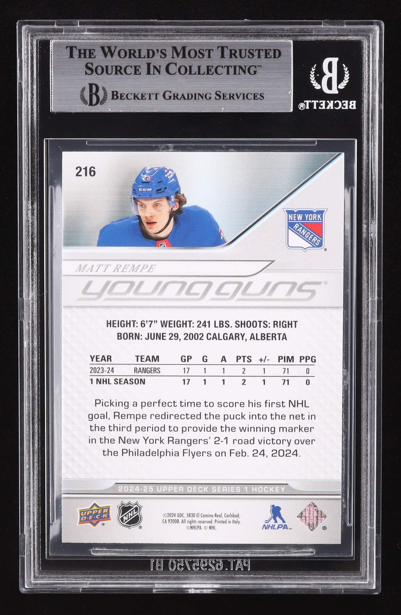 Matt Rempe Signed 2024-25 Upper Deck #216 YG RC (BGS) at PristineAuction.com Matt Rempe Signed 2024-25 Upper Deck #216 YG RC (BGS) at PristineAuction.com