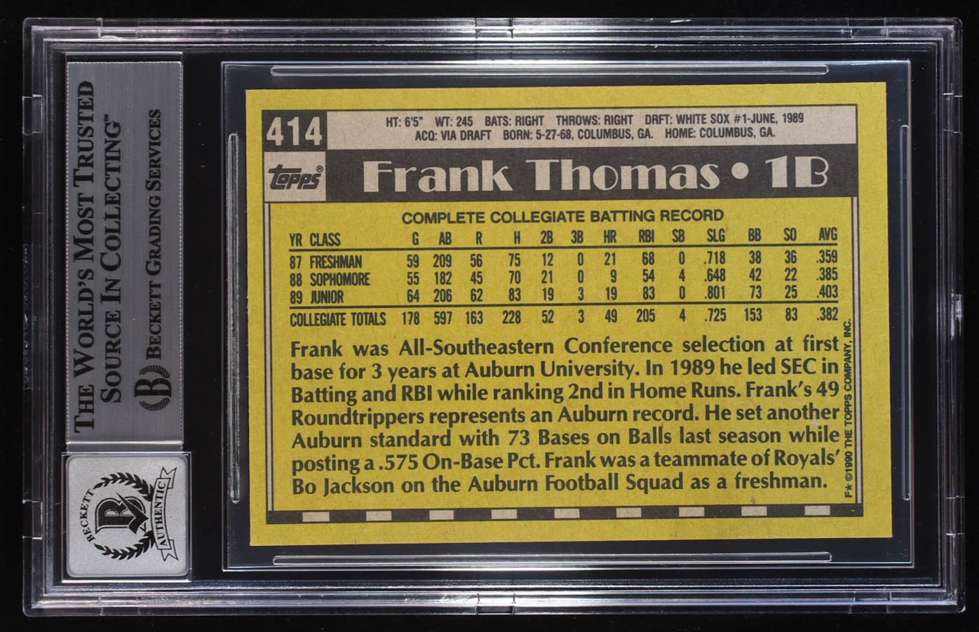 Frank Thomas Signed 1990 Topps #414 RC (Beckett Authentic) at PristineAuction.com Frank Thomas Signed 1990 Topps #414 RC (Beckett Authentic) at PristineAuction.com