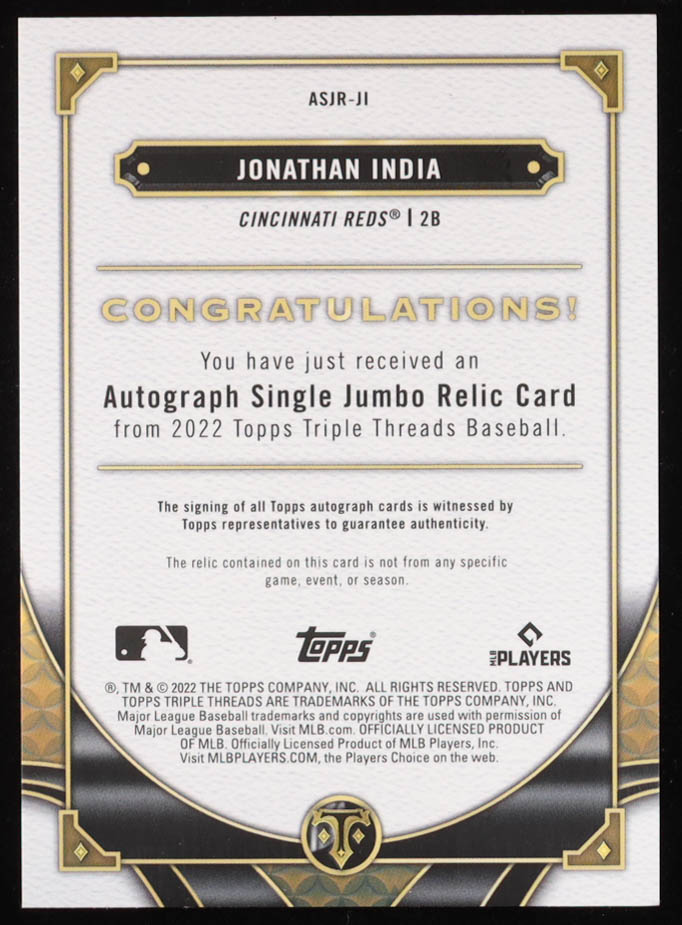 Jonathan India 2022 Topps Triple Threads Single Jumbo Relic Autographs Amethyst #ASJRJI #63/75 at PristineAuction.com Jonathan India 2022 Topps Triple Threads Single Jumbo Relic Autographs Amethyst #ASJRJI #63/75 at PristineAuction.com