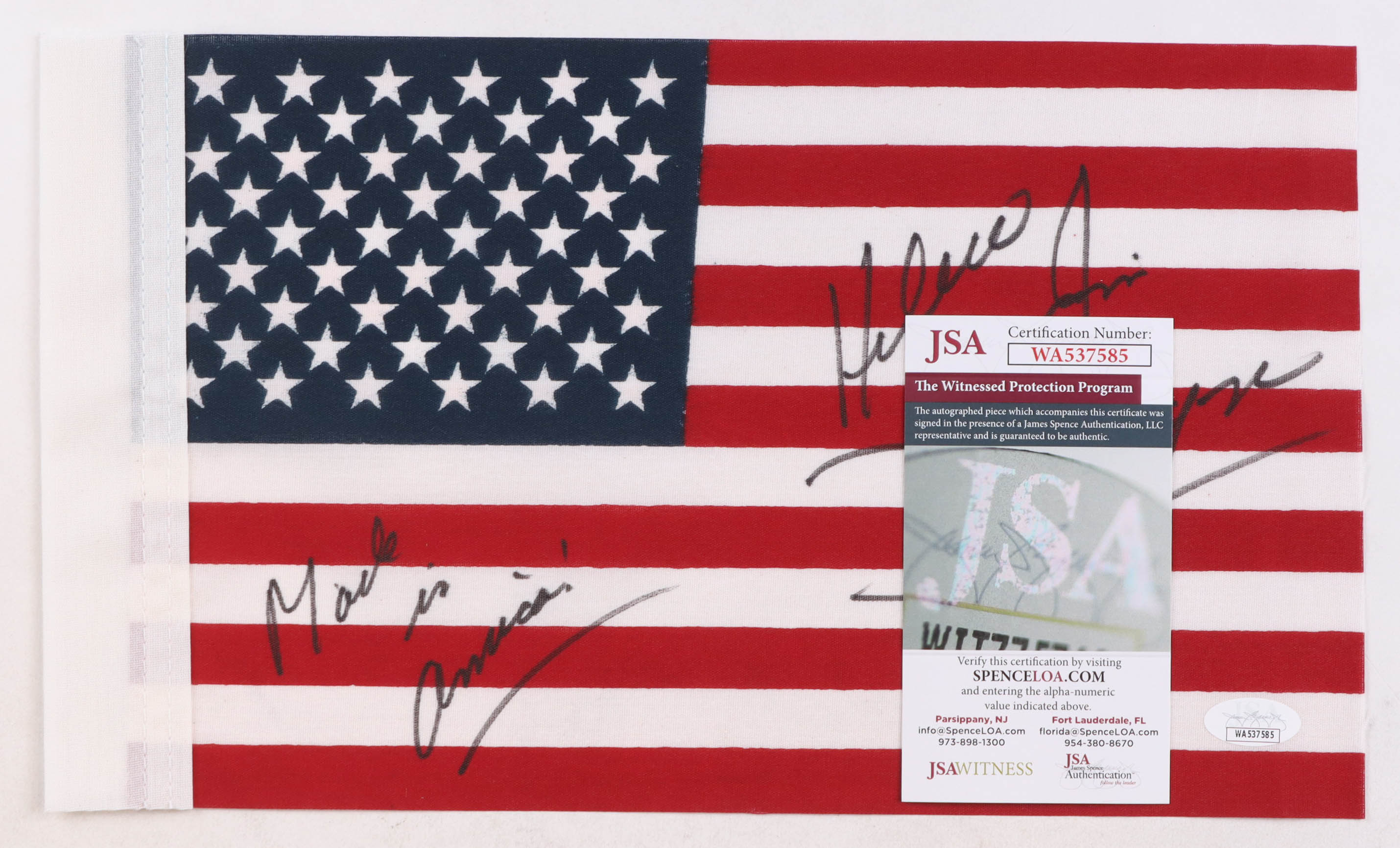 "Hacksaw" Jim Duggan Signed Mini American Flag Inscribed "Made In America!" (JSA) at PristineAuction.com "Hacksaw" Jim Duggan Signed Mini American Flag Inscribed "Made In America!" (JSA) at PristineAuction.com
