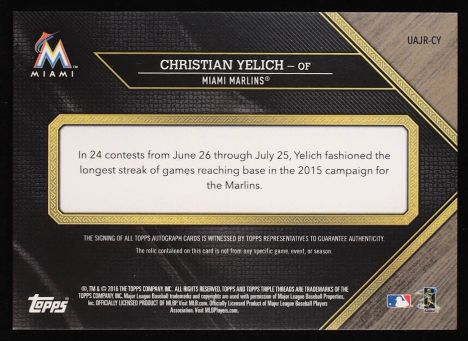 Christian Yelich 2016 Topps Triple Threads Unity Jumbo Relic Autographs #UAJRCY #22/99 at PristineAuction.com Christian Yelich 2016 Topps Triple Threads Unity Jumbo Relic Autographs #UAJRCY #22/99 at PristineAuction.com