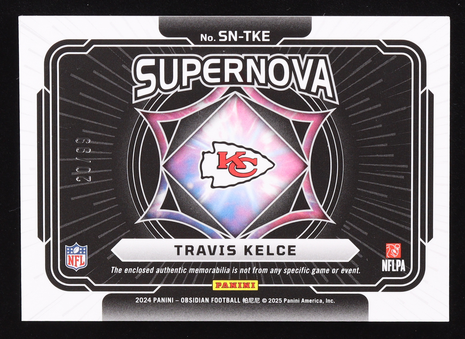 Travis Kelce 2024 Panini Obsidian Supernova Swatches Silver #20 #20/99 at PristineAuction.com Travis Kelce 2024 Panini Obsidian Supernova Swatches Silver #20 #20/99 at PristineAuction.com