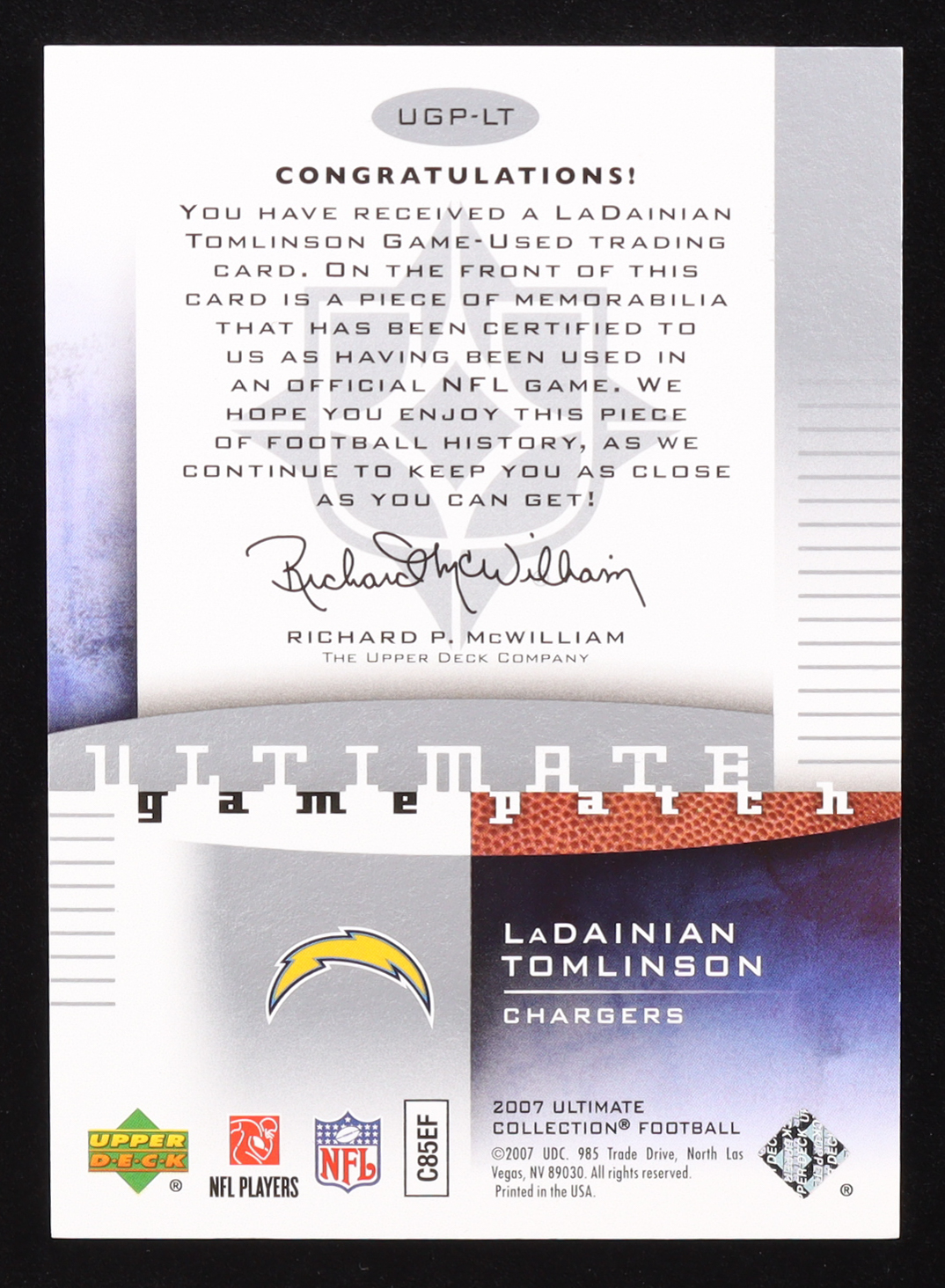 LaDainian Tomlinson 2007 Ultimate Collection Game Patches #UGPLT #46/99 at PristineAuction.com LaDainian Tomlinson 2007 Ultimate Collection Game Patches #UGPLT #46/99 at PristineAuction.com