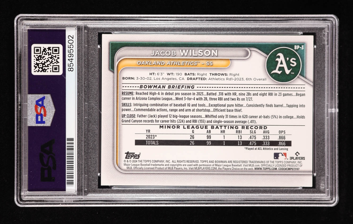 Jacob Wilson Signed 2024 Bowman Prospects #BP3 (PSA Authentic) at PristineAuction.com Jacob Wilson Signed 2024 Bowman Prospects #BP3 (PSA Authentic) at PristineAuction.com