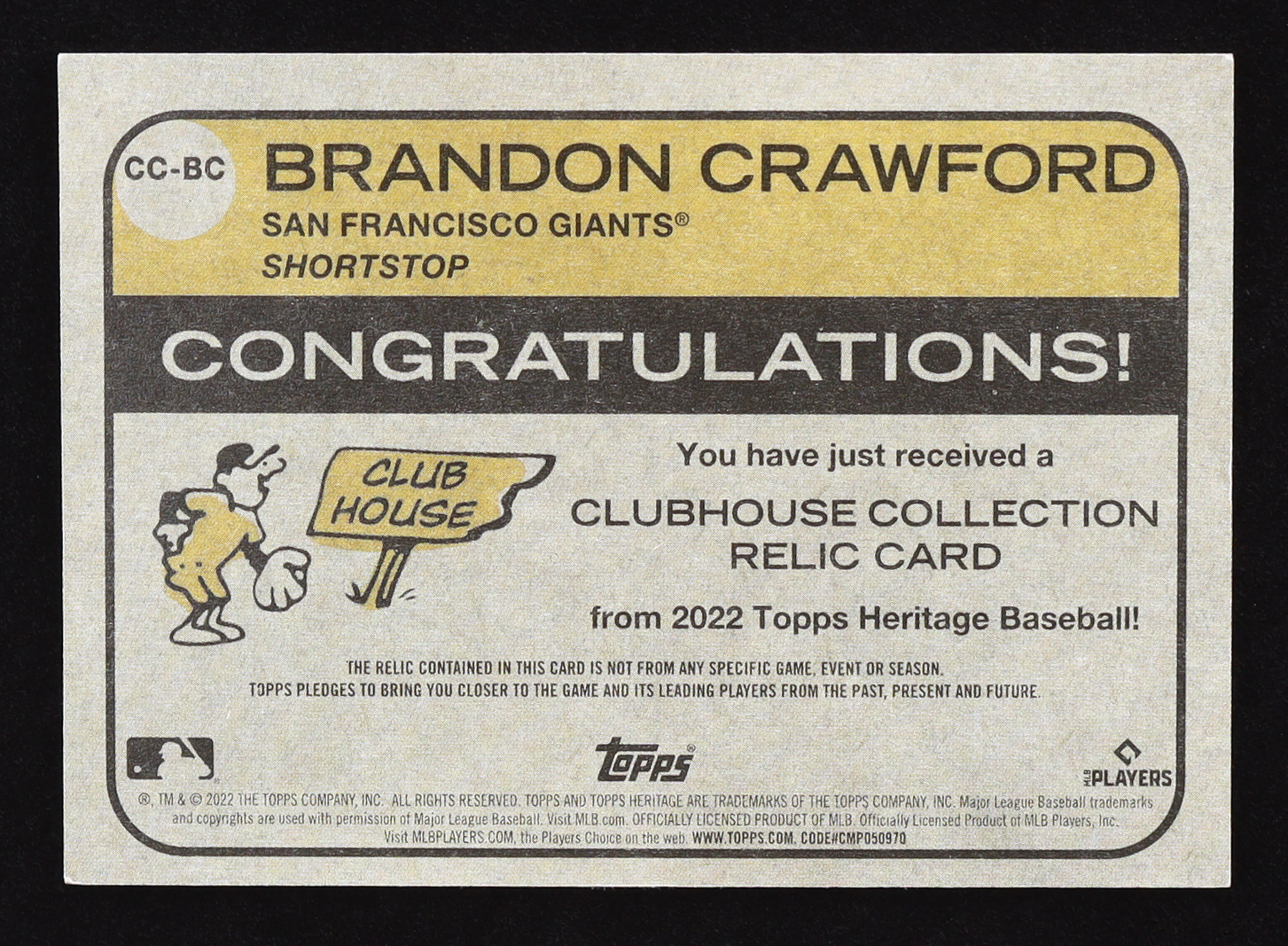 Brandon Crawford 2022 Topps Heritage Clubhouse Collection Relics #CCBC at PristineAuction.com Brandon Crawford 2022 Topps Heritage Clubhouse Collection Relics #CCBC at PristineAuction.com