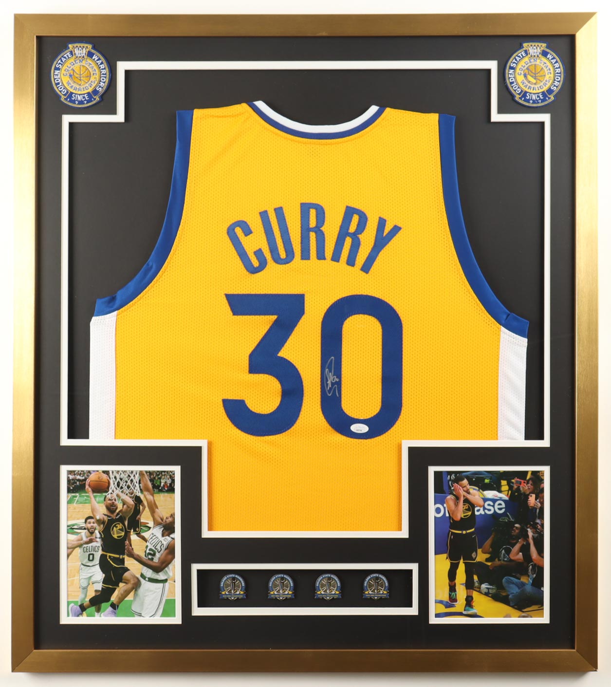 Stephen Curry Signed Custom Framed Jersey Display With (4) Warriors NBA Champions Pins & (2) Warriors Logo Patches (JSA) at PristineAuction.com Stephen Curry Signed Custom Framed Jersey Display With (4) Warriors NBA Champions Pins & (2) Warriors Logo Patches (JSA) at PristineAuction.com