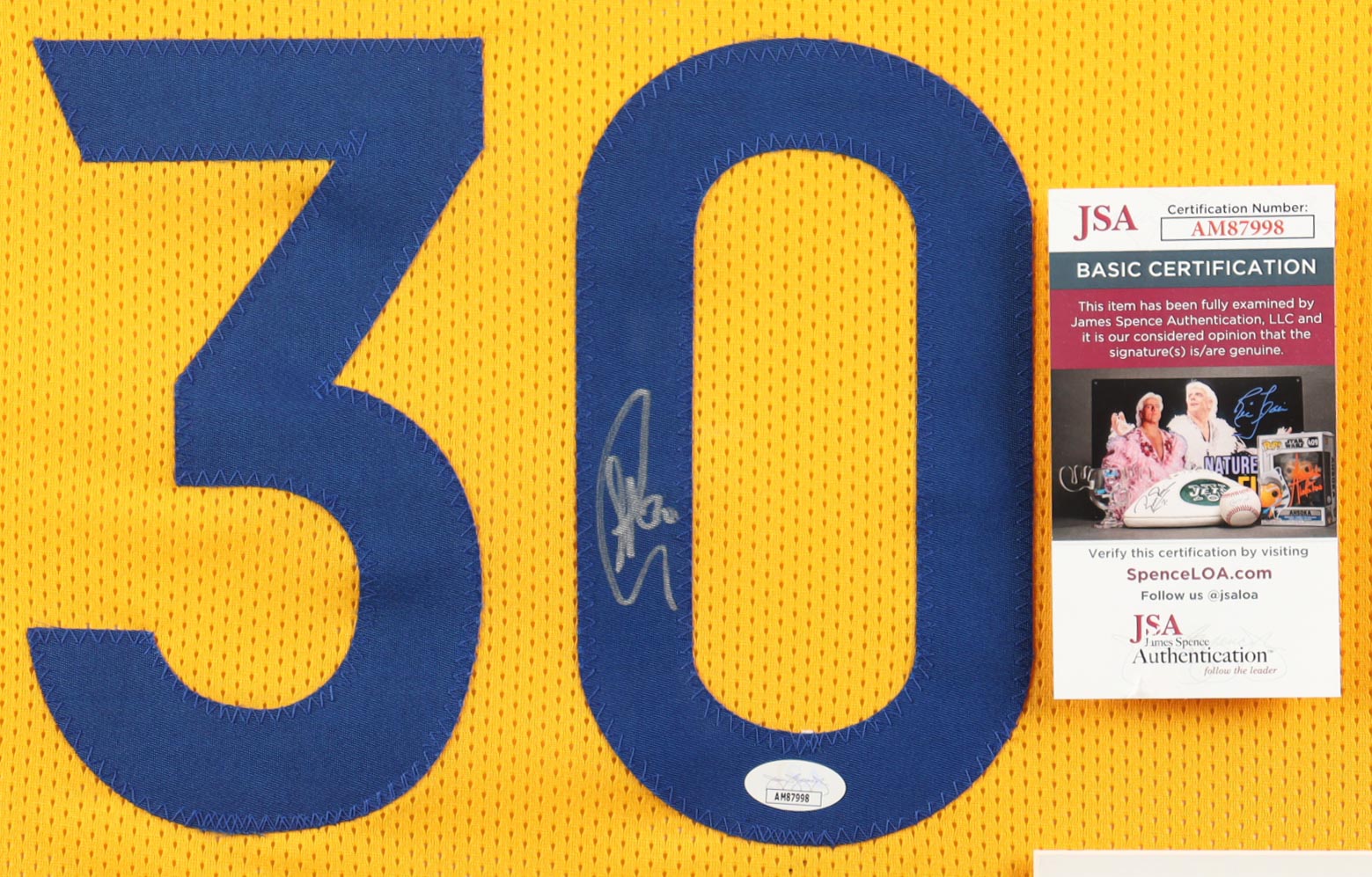 Stephen Curry Signed Custom Framed Jersey Display With (4) Warriors NBA Champions Pins & (2) Warriors Logo Patches (JSA) at PristineAuction.com Stephen Curry Signed Custom Framed Jersey Display With (4) Warriors NBA Champions Pins & (2) Warriors Logo Patches (JSA) at PristineAuction.com