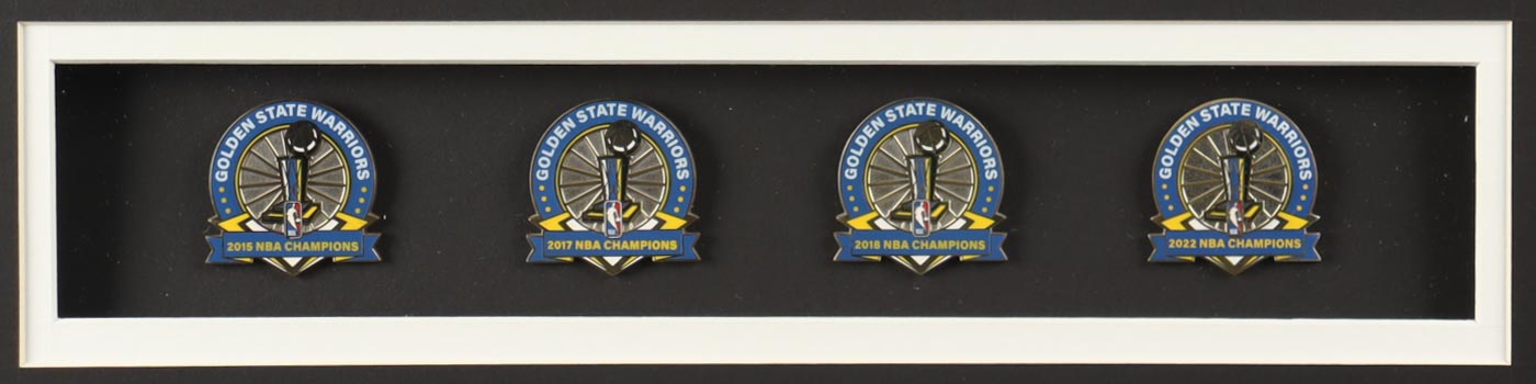 Stephen Curry Signed Custom Framed Jersey Display With (4) Warriors NBA Champions Pins & (2) Warriors Logo Patches (JSA) at PristineAuction.com Stephen Curry Signed Custom Framed Jersey Display With (4) Warriors NBA Champions Pins & (2) Warriors Logo Patches (JSA) at PristineAuction.com