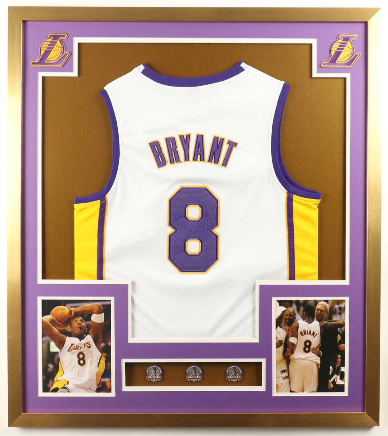Kobe Bryant Lakers Custom Framed Jersey Display With LE 2000, 2002 & 2010 Championship Pins, (2) Cloth Team Logo Patches & (2) Photos at PristineAuction.com Kobe Bryant Lakers Custom Framed Jersey Display With LE 2000, 2002 & 2010 Championship Pins, (2) Cloth Team Logo Patches & (2) Photos at PristineAuction.com