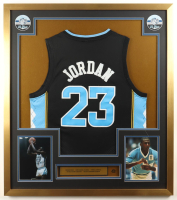 Michael Jordan Custom Framed Jersey Display With Vintage Gold Tar Heels Pin & (2) Vintage Team Logo Cloth Patches at PristineAuction.com