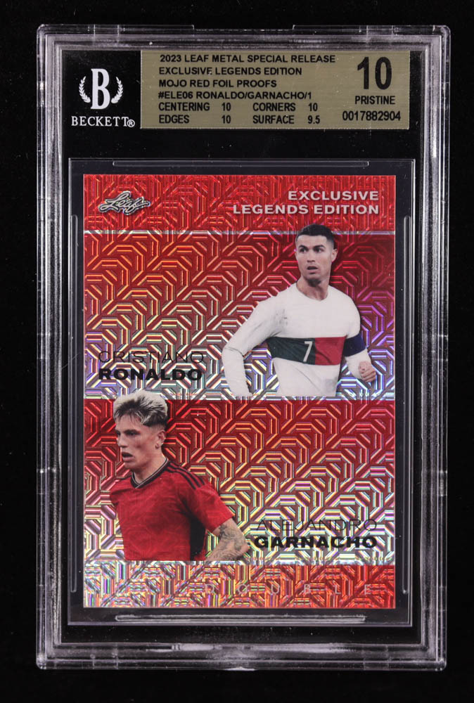 Cristiano Ronaldo / Alejandro Garnacho 2023 Leaf Metal Special Release Exclusive Legends Edition Mojo Red Foil Proofs #ELE06 #1/1 (BGS 10) at PristineAuction.com Cristiano Ronaldo / Alejandro Garnacho 2023 Leaf Metal Special Release Exclusive Legends Edition Mojo Red Foil Proofs #ELE06 #1/1 (BGS 10) at PristineAuction.com