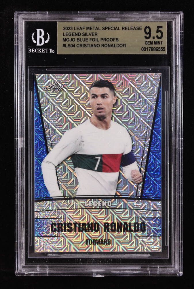Cristiano Ronaldo 2023 Leaf Metal Special Release Legend Silver Mojo Blue Foil Proofs #LS04 #1/1 (BGS 9.5) at PristineAuction.com Cristiano Ronaldo 2023 Leaf Metal Special Release Legend Silver Mojo Blue Foil Proofs #LS04 #1/1 (BGS 9.5) at PristineAuction.com