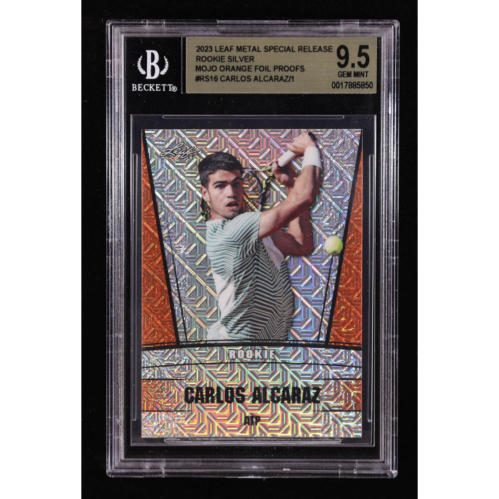 Carlos Alcaraz 2023 Leaf Metal Special Release Rookie Silver Mojo Orange Foil Proofs #RS16 RC #1/1 (BGS 9.5) at PristineAuction.com
