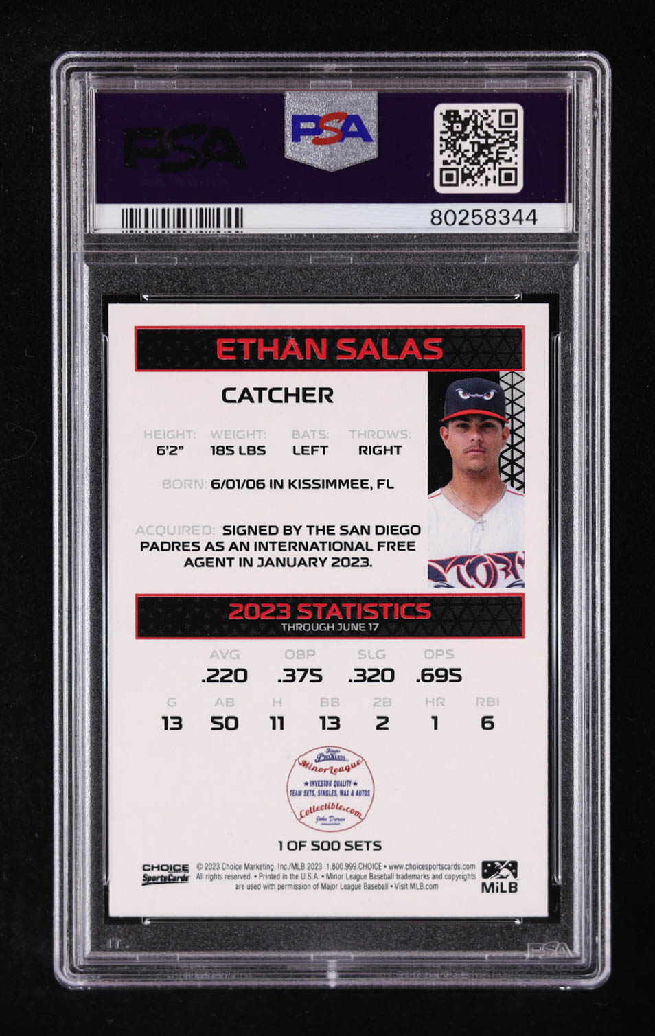 Ethan Salas Signed 2023 Choice First ProKard #NNO RC (PSA 8 | Auto Grade PSA Authentic) at PristineAuction.com Ethan Salas Signed 2023 Choice First ProKard #NNO RC (PSA 8 | Auto Grade PSA Authentic) at PristineAuction.com