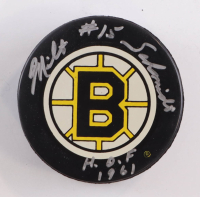 Milt Schmidt Signed Bruins Logo Hockey Puck Inscribed "H.O.F. 1961" (Beckett) at PristineAuction.com