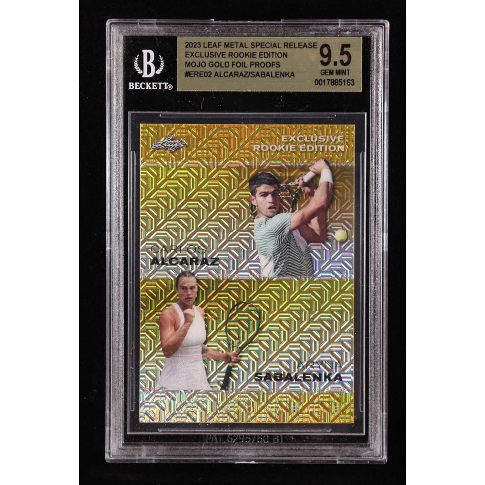 Carlos Alcaraz / Aryna Sabalenka 2023 Leaf Metal Special Release Exclusive Rookie Edition Mojo Gold Foil Proofs #ERE02 RC #1/1 (BGS 9.5) at PristineAuction.com