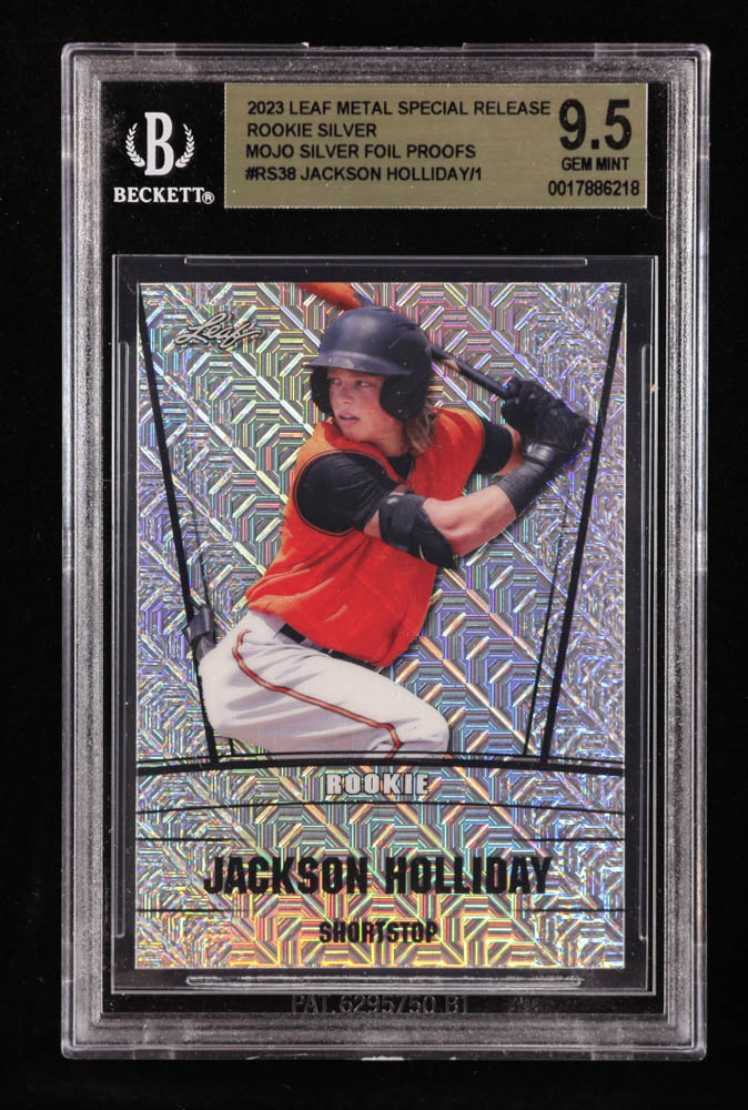 Jackson Holliday 2023 Leaf Metal Special Release Rookie Silver Mojo Silver Foil Proofs #RS38 RC #1/1 (BGS 9.5) at PristineAuction.com Jackson Holliday 2023 Leaf Metal Special Release Rookie Silver Mojo Silver Foil Proofs #RS38 RC #1/1 (BGS 9.5) at PristineAuction.com