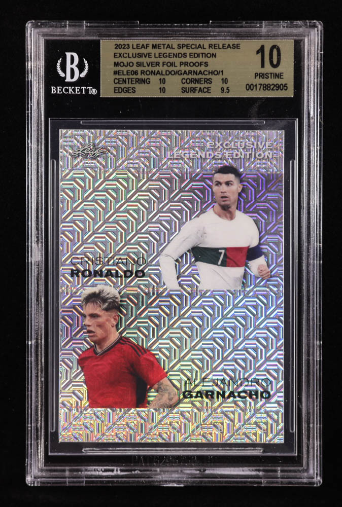 Cristiano Ronaldo / Alejandro Garnacho 2023 Leaf Metal Special Release Exclusive Legends Edition Mojo Silver Foil Proofs #ELE06 #1/1 (BGS 10) at PristineAuction.com Cristiano Ronaldo / Alejandro Garnacho 2023 Leaf Metal Special Release Exclusive Legends Edition Mojo Silver Foil Proofs #ELE06 #1/1 (BGS 10) at PristineAuction.com