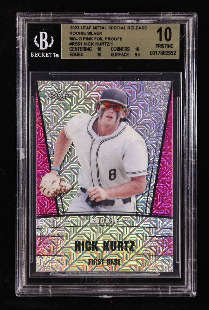 Nick Kurtz 2023 Leaf Metal Special Release Rookie Silver Mojo Pink Foil Proofs #RS61 RC #1/1 (BGS 10) at PristineAuction.com Nick Kurtz 2023 Leaf Metal Special Release Rookie Silver Mojo Pink Foil Proofs #RS61 RC #1/1 (BGS 10) at PristineAuction.com