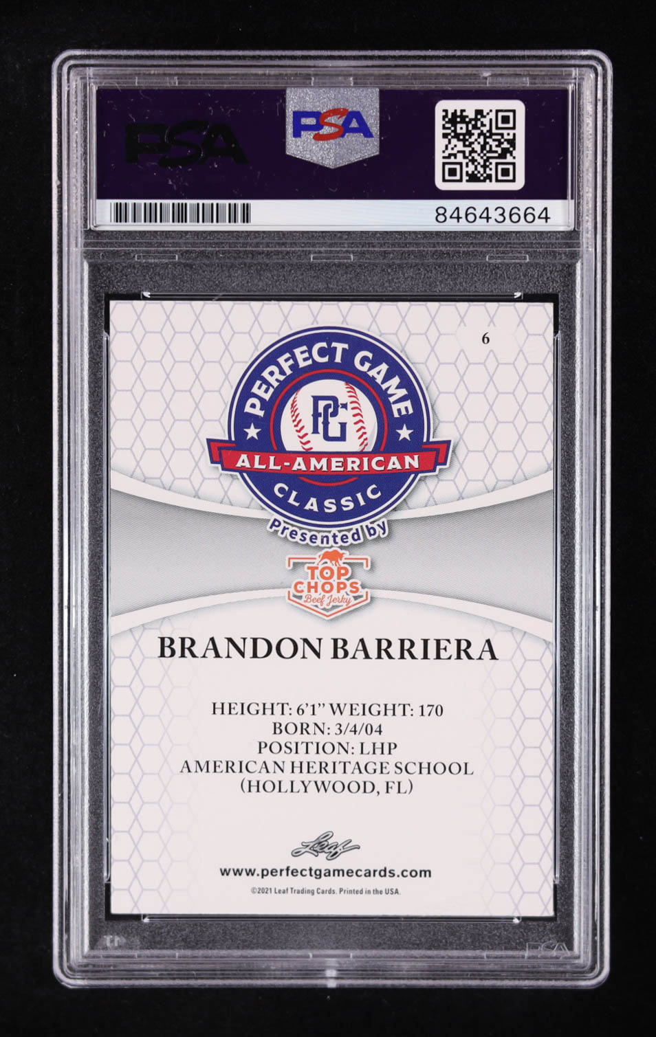 Brandon Barriera Signed 2021 Leaf Perfect Game All-American #6 RC (PSA | Auto Grade PSA Authentic) at PristineAuction.com Brandon Barriera Signed 2021 Leaf Perfect Game All-American #6 RC (PSA | Auto Grade PSA Authentic) at PristineAuction.com